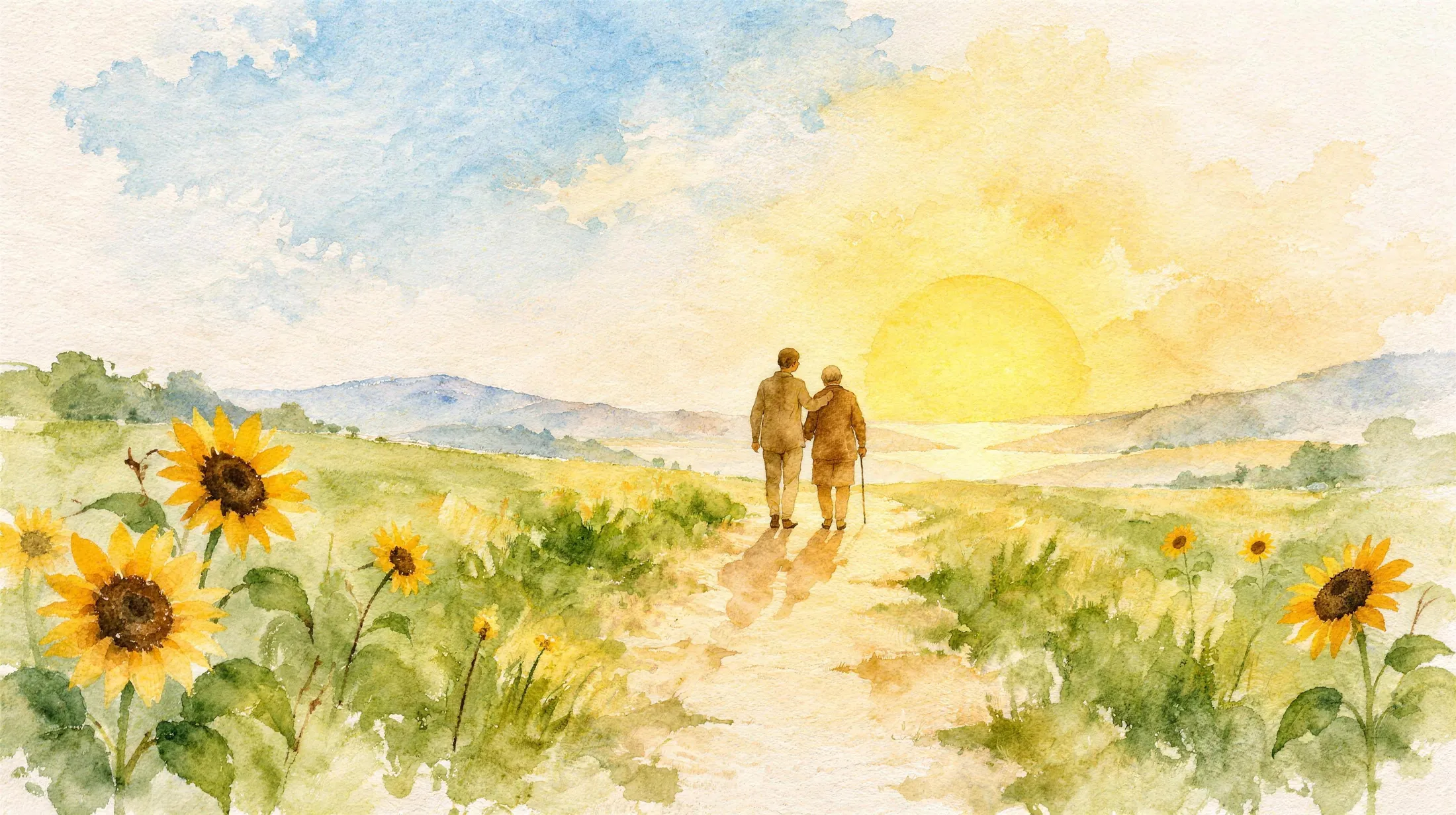 Aquarell: zwei Menschen gehen gemeinsam einen Weg durch ein Sonnenblumenfeld der Sonne entgegen