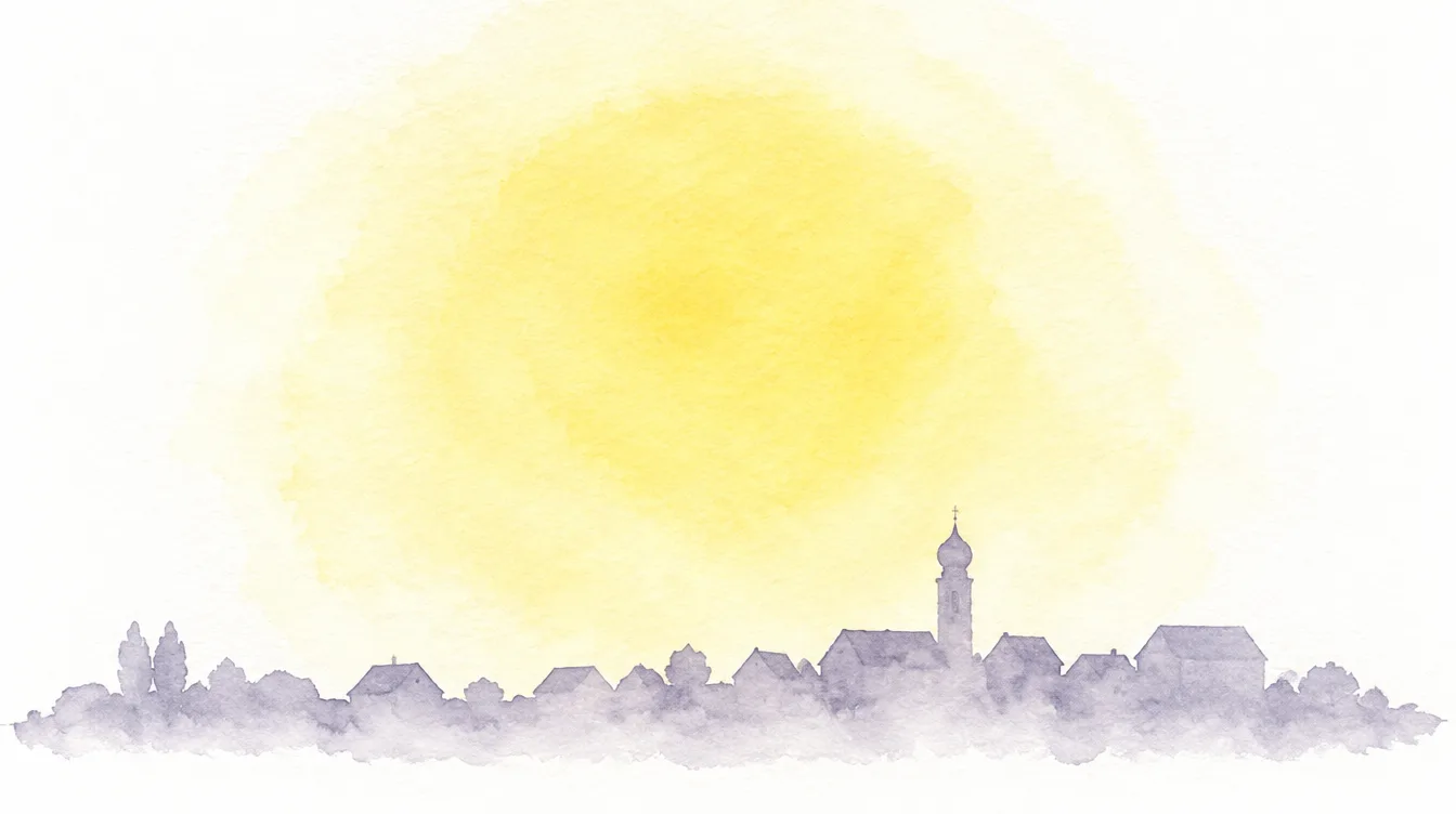 Aquarell: die Silhouette von Krumbach unter einer großen Sonne